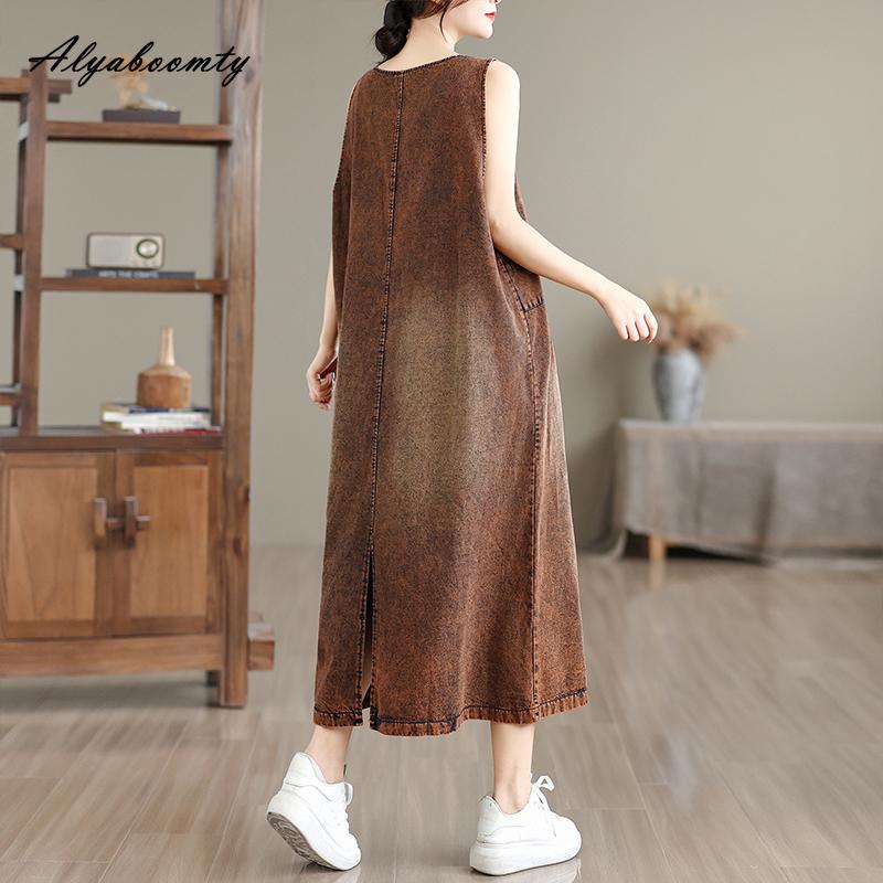 Korean Style Plus Size Spring Summer Women Sundress V Neck Brown Denim Sleeveless Tank Dress Vintage Casual Loose Basic Ladies' Midi Dress