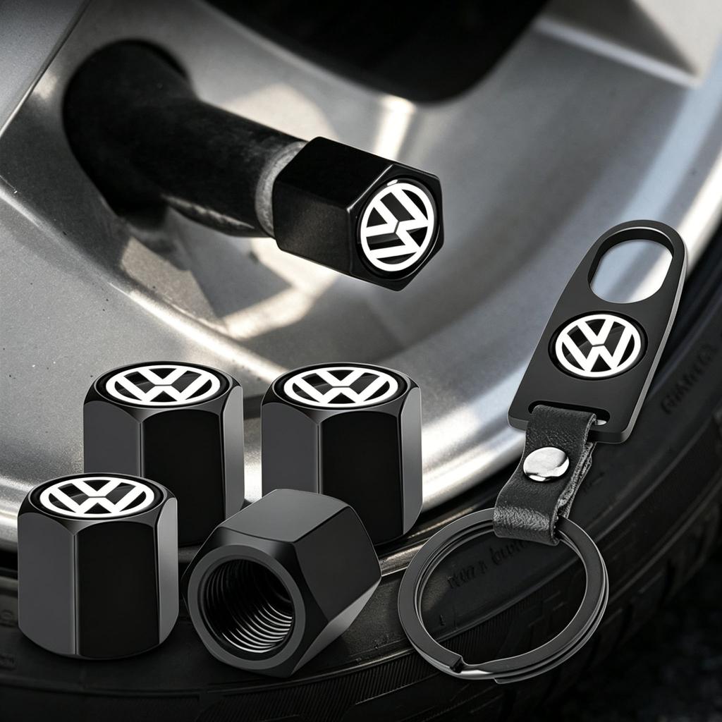 VEMZG1 5Pcs Metal Wheel Air Valve Covers Tire Valve Stem Caps with Keychain for VW CC Golf 6 7 GTI Tiguan B5 B6 B7 MK5 Passat OEM 3B7