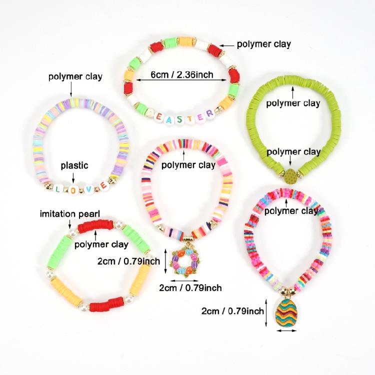 Easter Theme Polymer Clay Bead Bracelet Set of 6 Unique Designs Ornament for Holiday Celebrations and Daily Wear