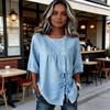 Women Tops Round Neck Short Sleeves Buttons Decor Pullover Tops Pure Color Loose Fit Side Lace-up Casual T-shirt