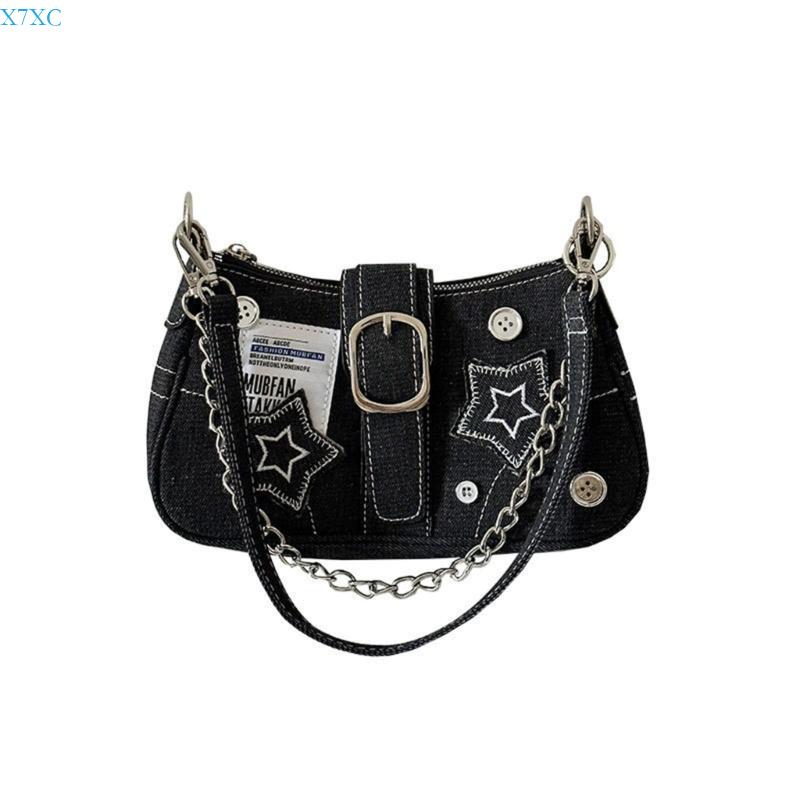 X7XC Women Star Shoulder Bag Armpit Bag Aesthetic Handbag Chain Underarm Bag чёрный