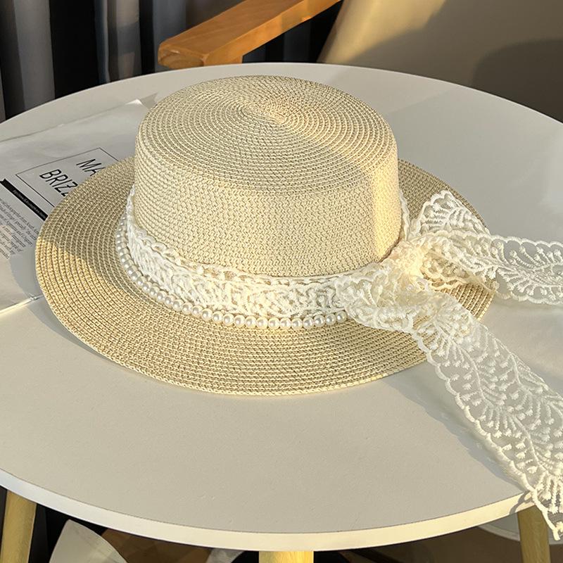 Pălărie de paie cu perle și dantelă nouă, pălărie de soare de vară pentru femei, pălărie de plajă cu protecție solară, pălărie plată