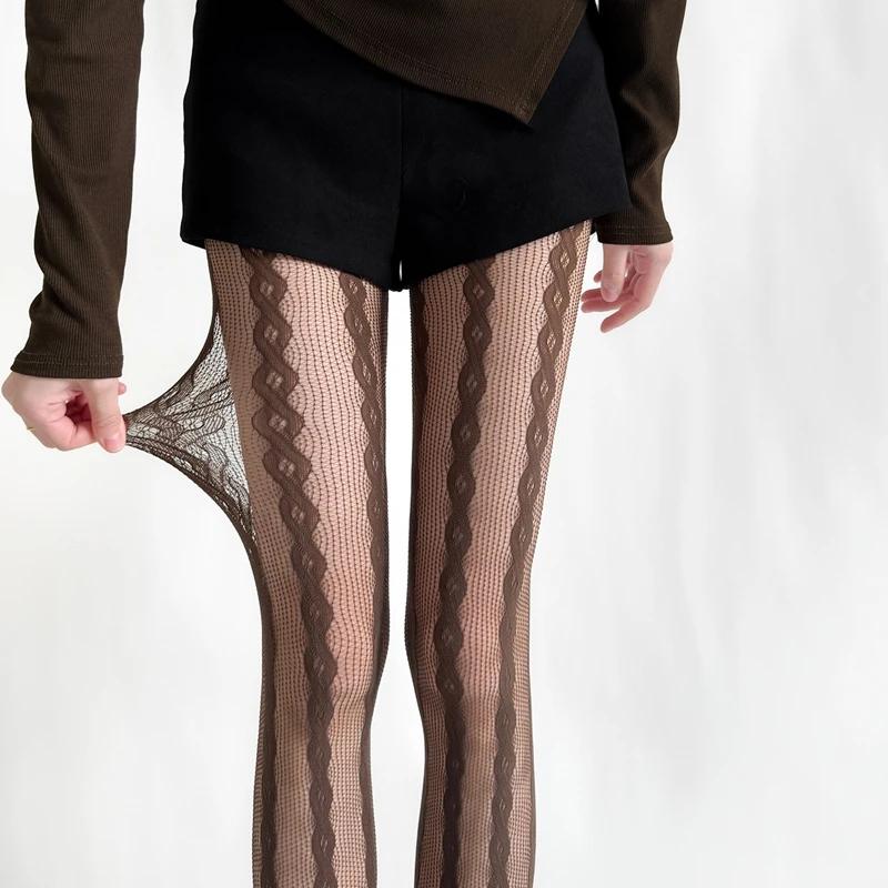 New Women Sexy Lace Mesh Fishnet Retro Pantyhose Thigh High Geometric Long Stocking Woman Personality Hosiery