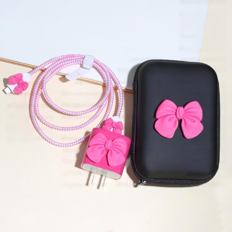 Y2K Cute Solid Color 3D Love Heart + EVA Storage Bag Set Charger For IPhone 11 12 13 14 15 18W-20W Fast Charge Protection Cover