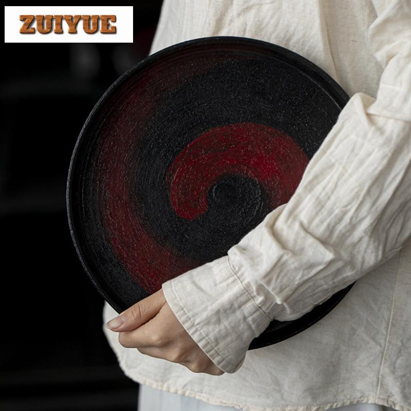 Brush Red Ceramic Tea Tray Handmade Coarse Pottery Dry Soaking Tray Breakfast Tray, Fruit Storage Plate Kung Fu Tea Ceremony