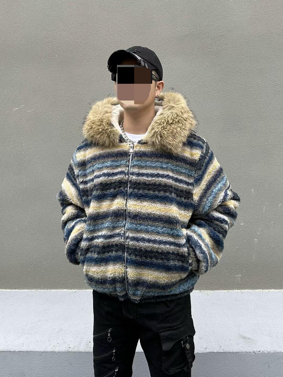 

Unisex Golden Eagle Fair Isle Hooded Fur Collar Winter Cotton Jacket L синій