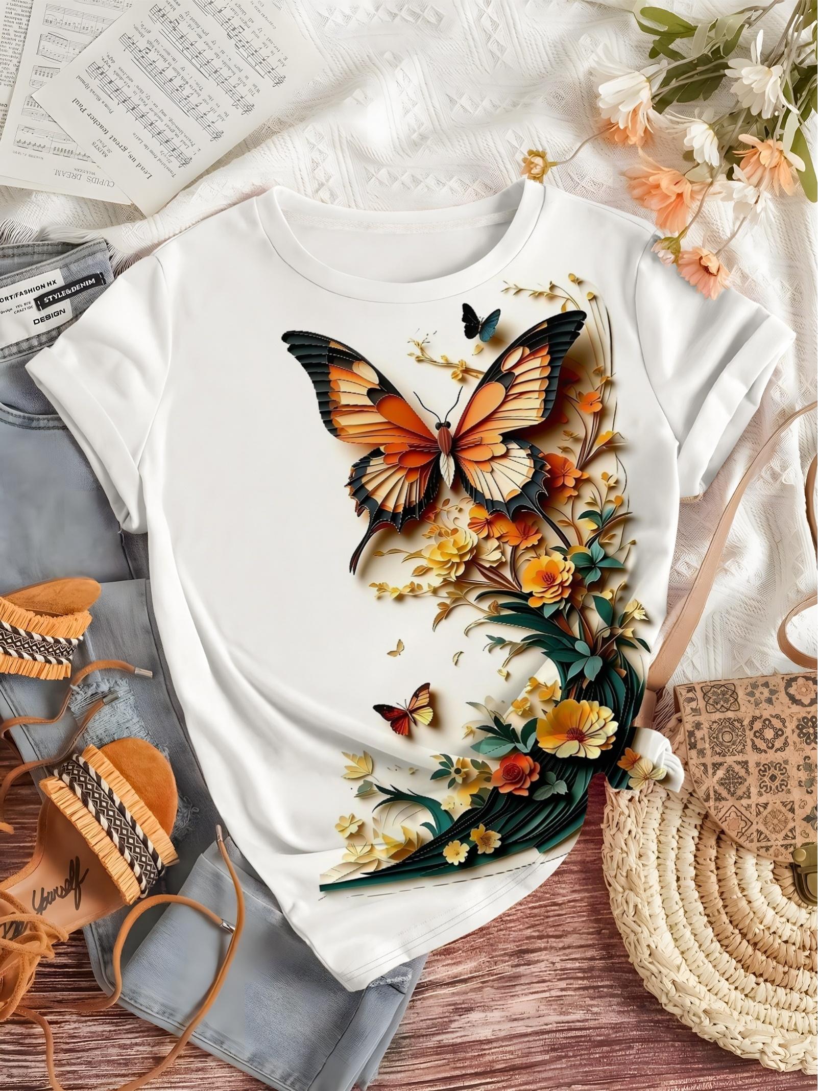 Digital Print - Beautiful Artistic Butterfly Floral Pattern Women S Casual Short-Sleeve Top. a Gift. Machine Washable Holiday Party Top. Durable Fabri S