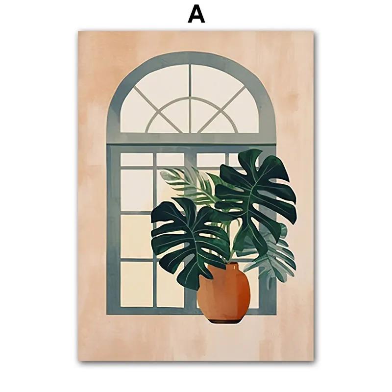 Mural Print Boho Abstract Leaf Cactus Plant Wall Art Canvas Painting Botanical Poster Picture Living Room Home Decor