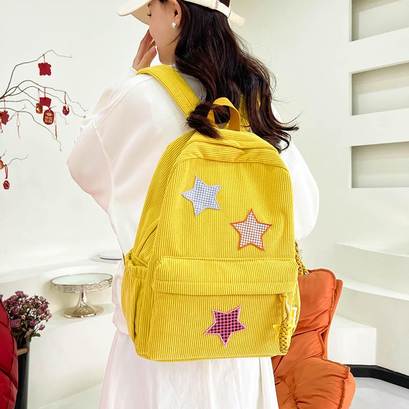 Schoolbag Star School Bag Female Japanese ins Corduroy Vintage Versatile College Wind Backpack High School Student Backpack