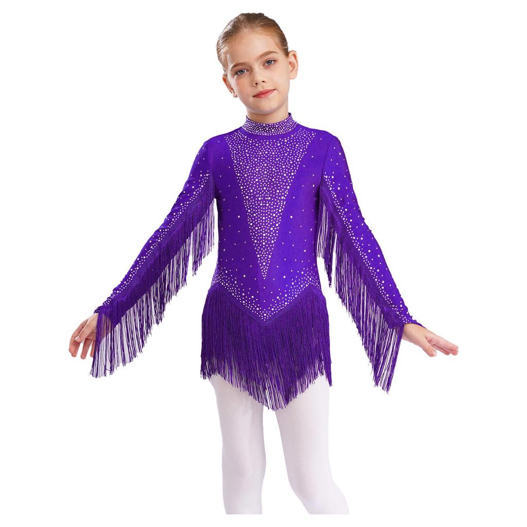Girls Tassels Latin Dance Leotard Mock Neck Long Sleeve Cutout Back Sparkling Rhinestones Fringe Bodysuit