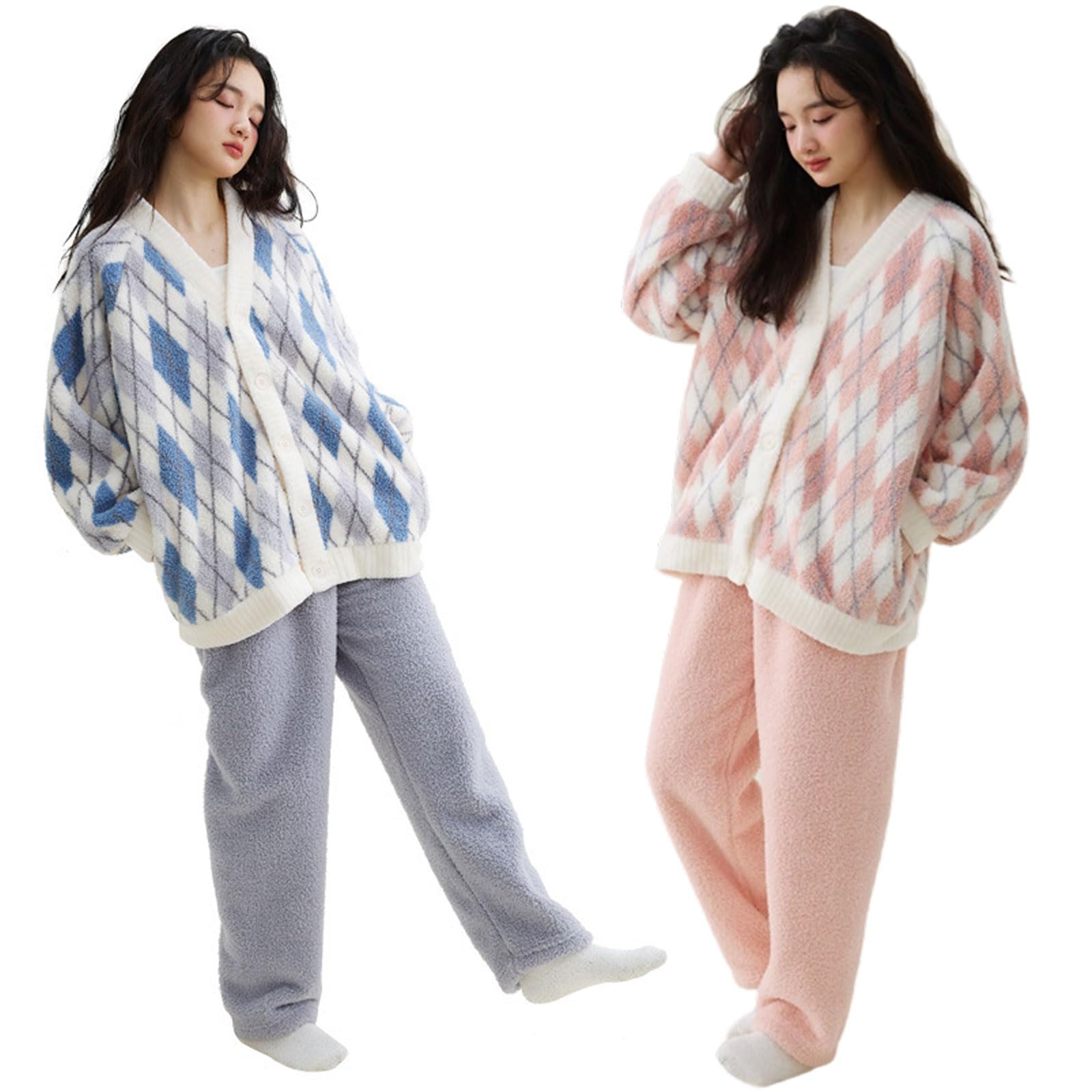 

Room Wear Fluffy Long Sleeve Argyle Pattern Warm Large Size Pajamas Loungewear Open Front Sugar [CORELAVISH] Women s Autumn/Winter (M, Pink)