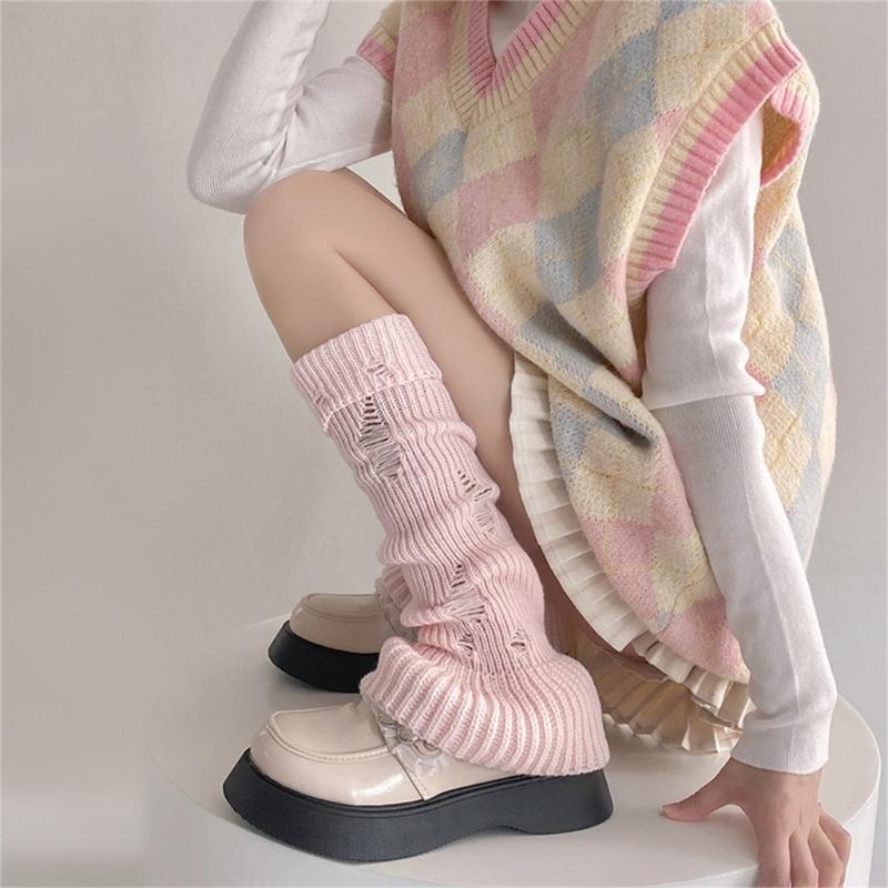 Polainas de Punto Acanalado Harajuku Huecas Desgastadas Agujeros Rasgados Cubre Piernas de Pierna Ancha Calcetines Largos Elásticos Acampanados para Mujer