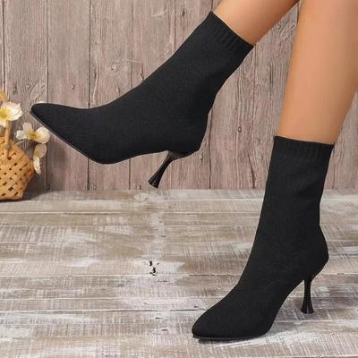 Winter Womens Ankle Boots 2024 New Style Warm Knitted Stretch Sock Boots Sexy Pointed Slip-on Casual Stiletto Office Botas Mujer