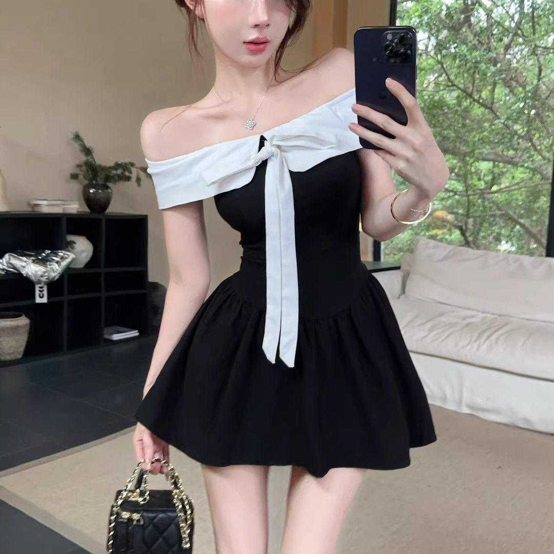

French One-Shoulder Colorblock Bow Dress - Autumn Slimming A-Line Mini Skirt Extra Small чёрный
