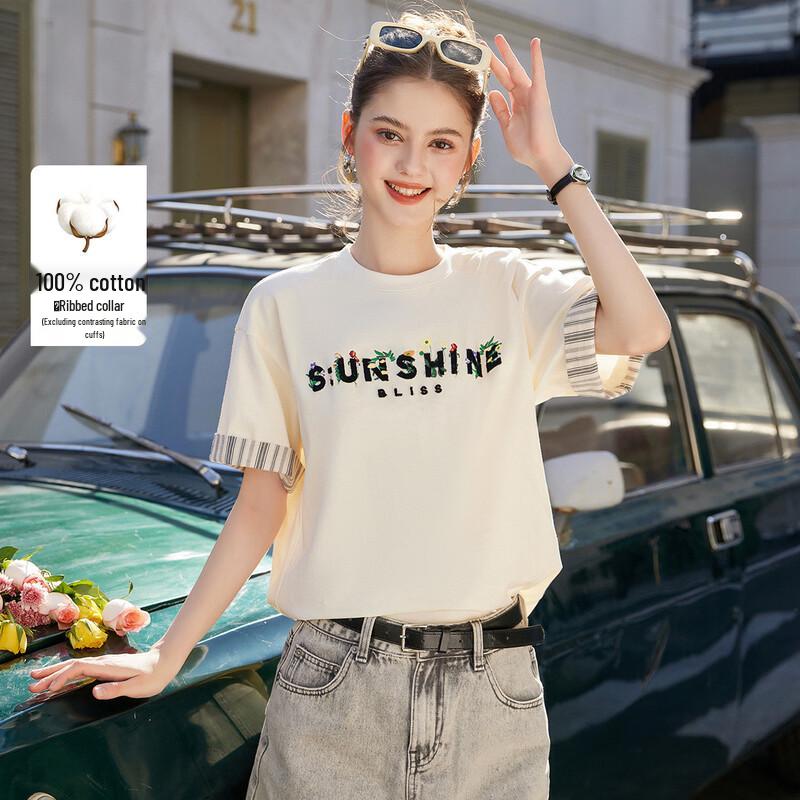 Women s Playful Letter Embroidered Pure Cotton Loose T-Shirt XL