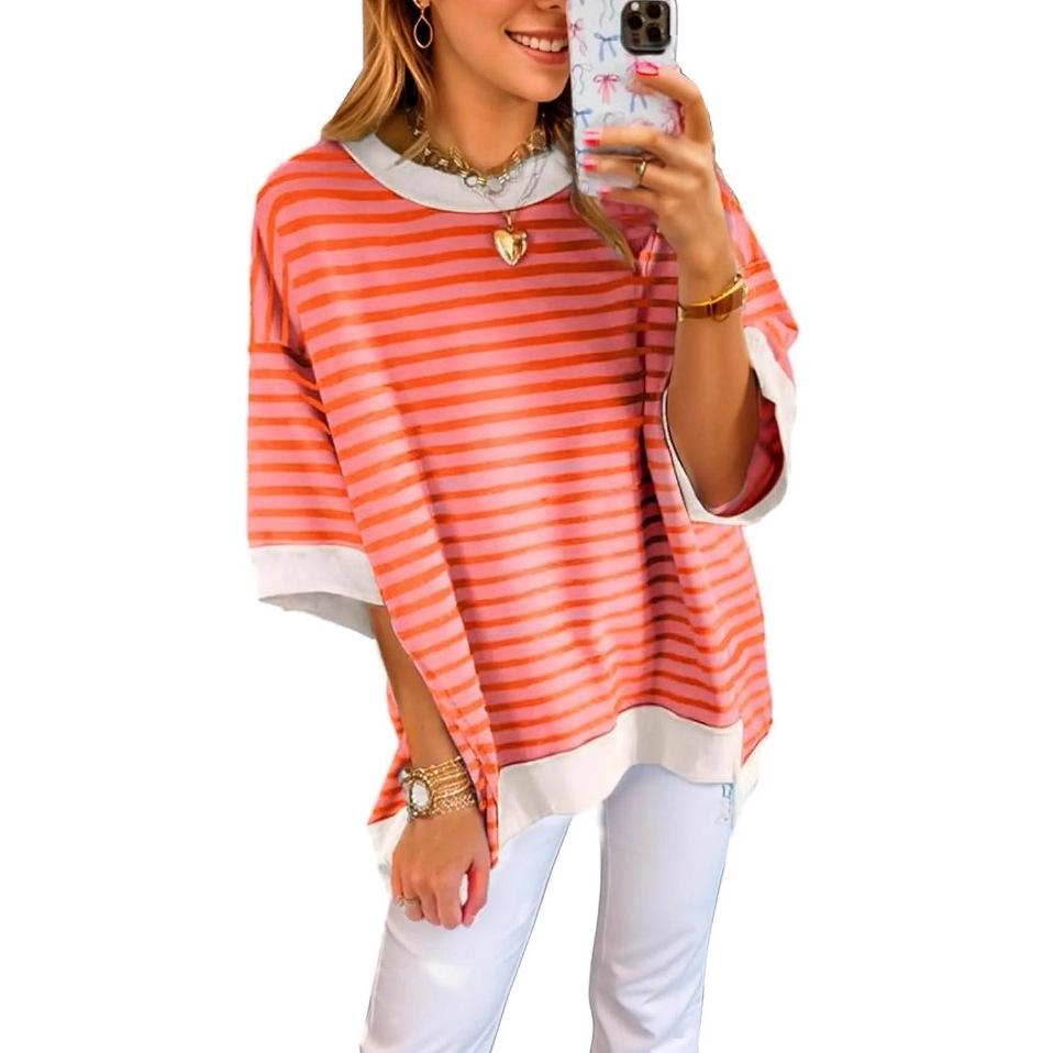 Women's Striped Oversized Top with Contrast Trim, Baggy Half Sleeve Crew Neck Tee for Casual Wear
