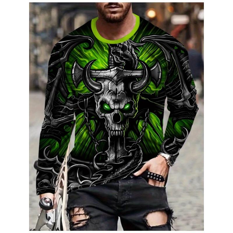 Men'S Casual Long-Sleeve T-Shirt with Skull Print, Suitable for Autumn And Outings, Comfortable And Versatile