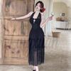 Luxuriöses plissiertes High-Waist-Neckholder-Netzkleid mit offenem Rücken