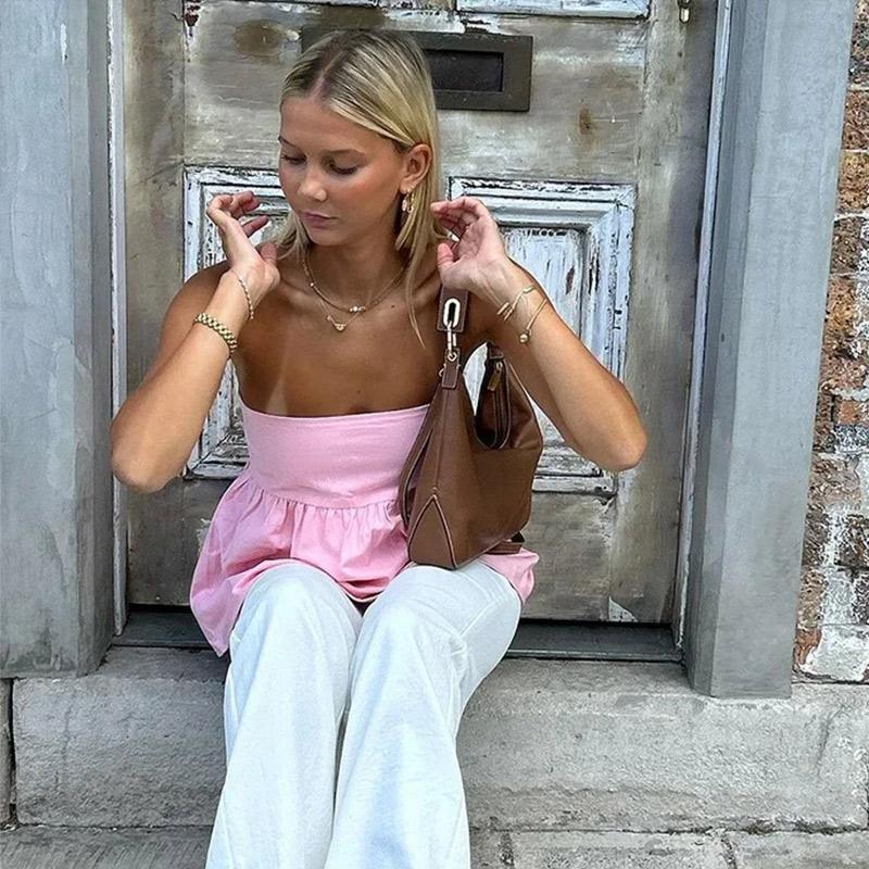 Сексуальные однотонные оборчатые женские топы без бретелек с оборками — фото 5