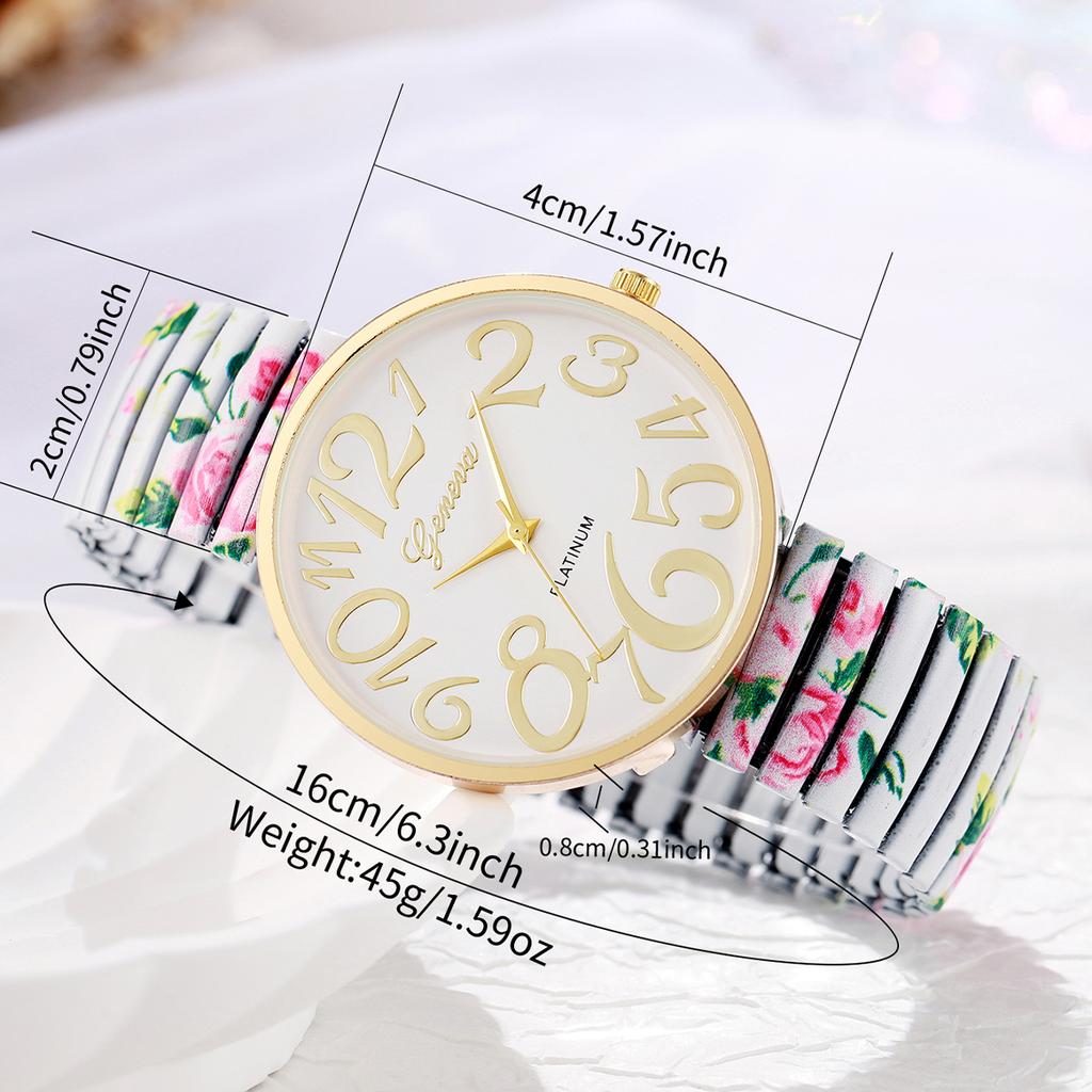 3pcs/set Women's Fashion Personalized Printed Elastic Band Trendy Casual Digital Dial Quartz Watch Combination Set No Box