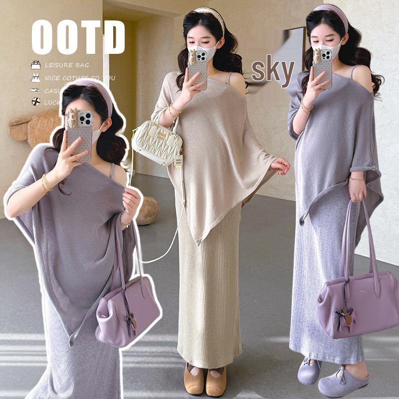 Spring 2026 Korean Maternity Knit Shawl & Pullover Dress Set M