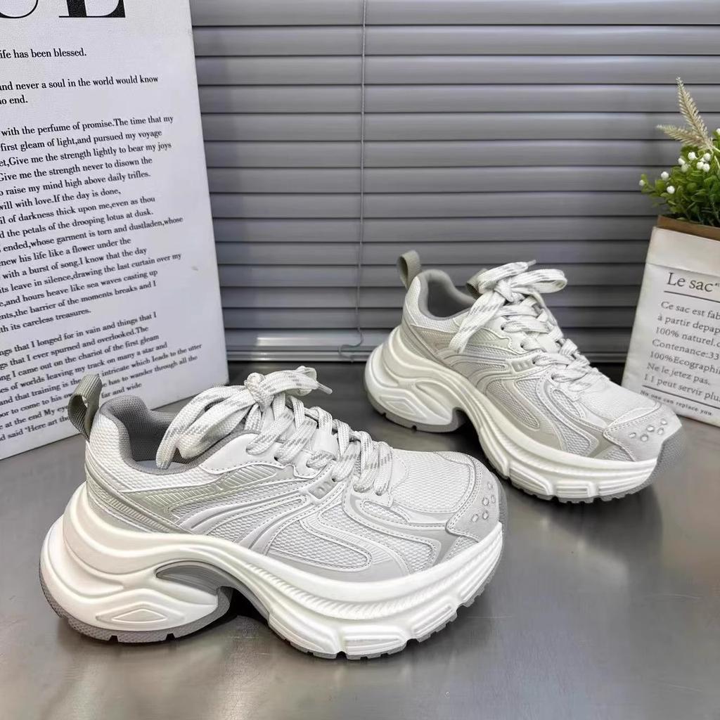 European dad shoes women's spring 2025 new leather color matching thick sole height increase versatile fashion casual sports shoes