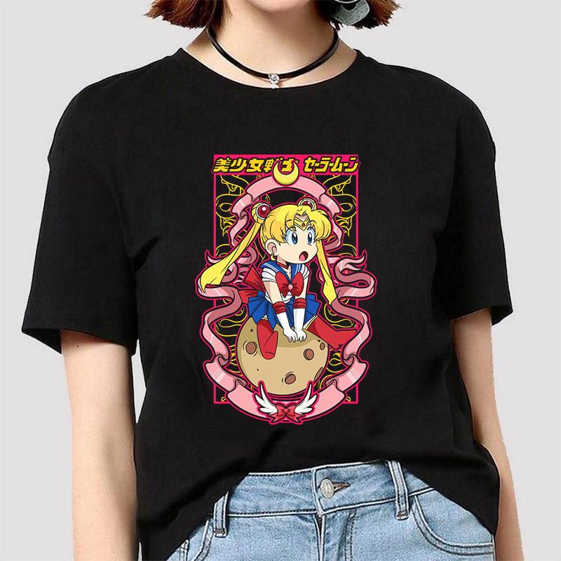 Anime Sailor Moon 18 Different Patterns Summer Printed Casual Black Short Sleeves Cotton Tops O Neck Women T Shirts