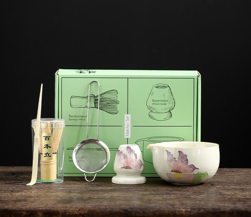 Japanese Hand-Painted Matcha Bowl Set 5-Piece Tea Making Tools With Chasen Stand Hyakuhon Dachi Tea Ceremony Utensils