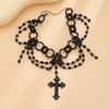Dark Gothic Cross Pendant Necklace For Women Retro Multi-Layered Beaded Tassel Collarbone Necklace