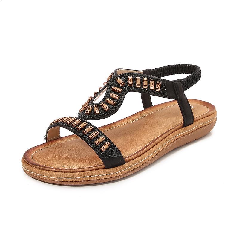 Fashion Low Sandals Woman Leather 2025 Summer Large Size Female Shoe Round Toe Low-heeled Fashion Rhinestone Big Flat Girls Beige Bohemi