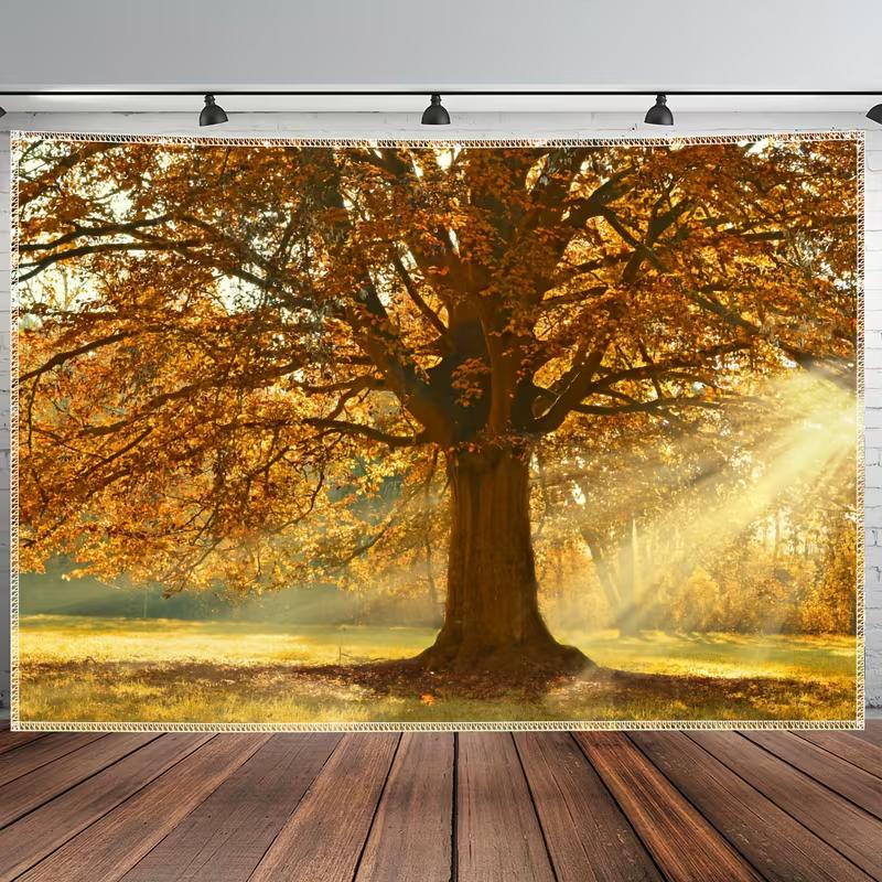2D Enchanted Autumn Forest Tapestry Giant Oak with Sunlight Wall Hanging