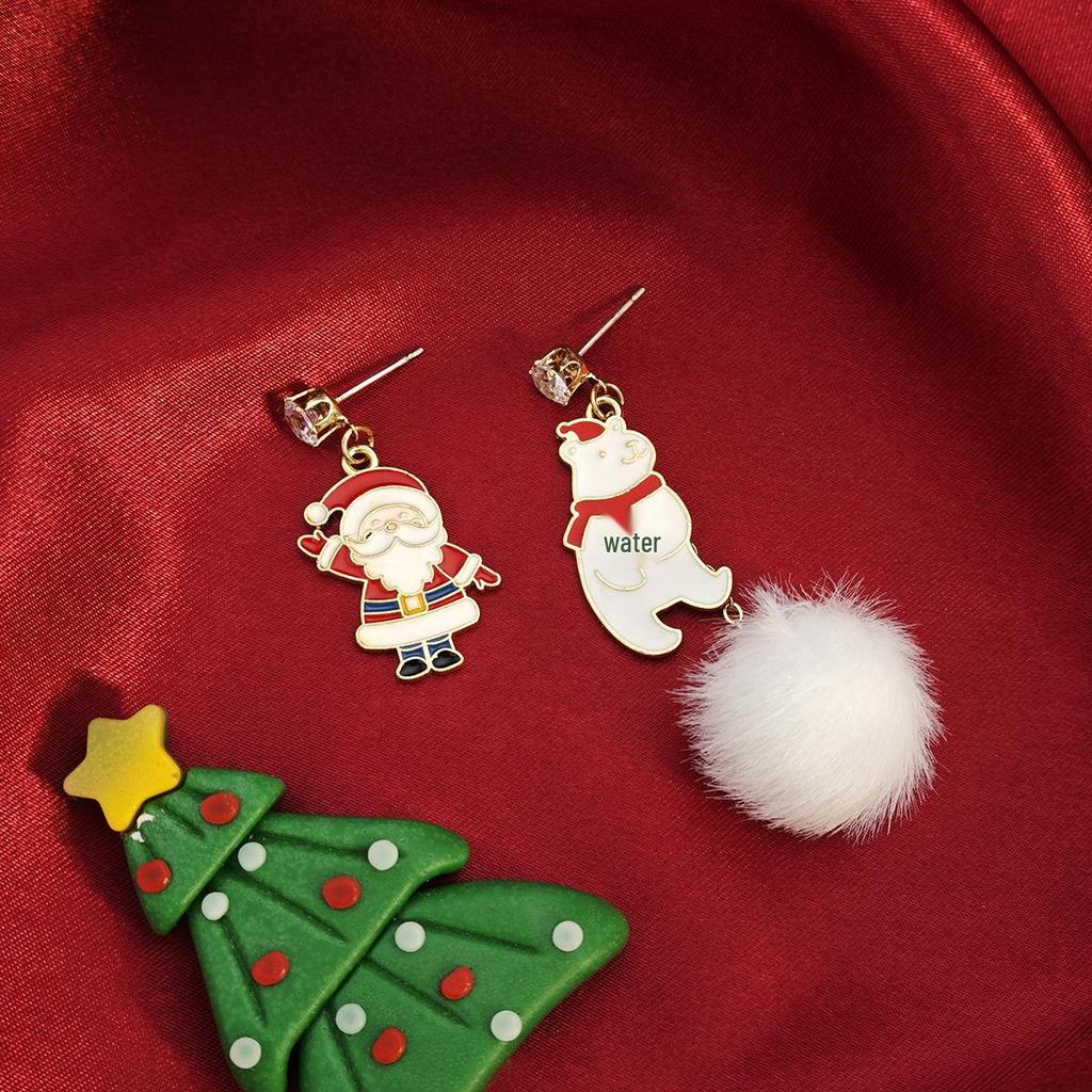 Silver Needle Cartoon Christmas Earrings: Asymmetrical Snowman & Elk with Fur Ball Pendants