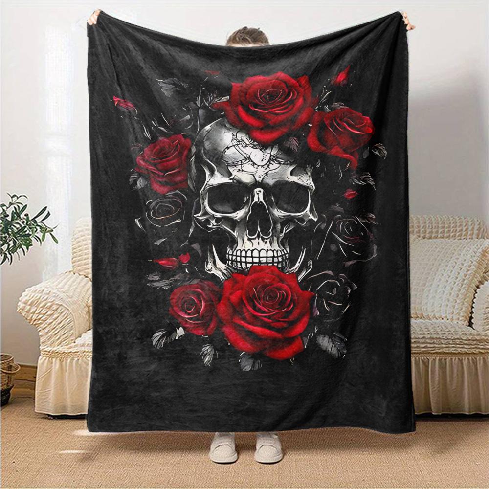 1pc Skull Roses Blanket Lightweight Flannel Throw for Sofa Bed Travel Camping Livingroom Office Couch Chair