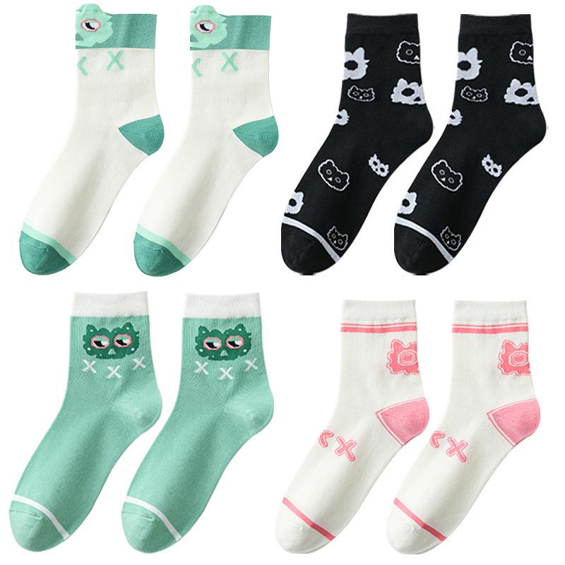 Women's Mid-Tube Lace Socks, Summer/Autumn Style, Owl Cartoon Design, Breathable and Trendy.