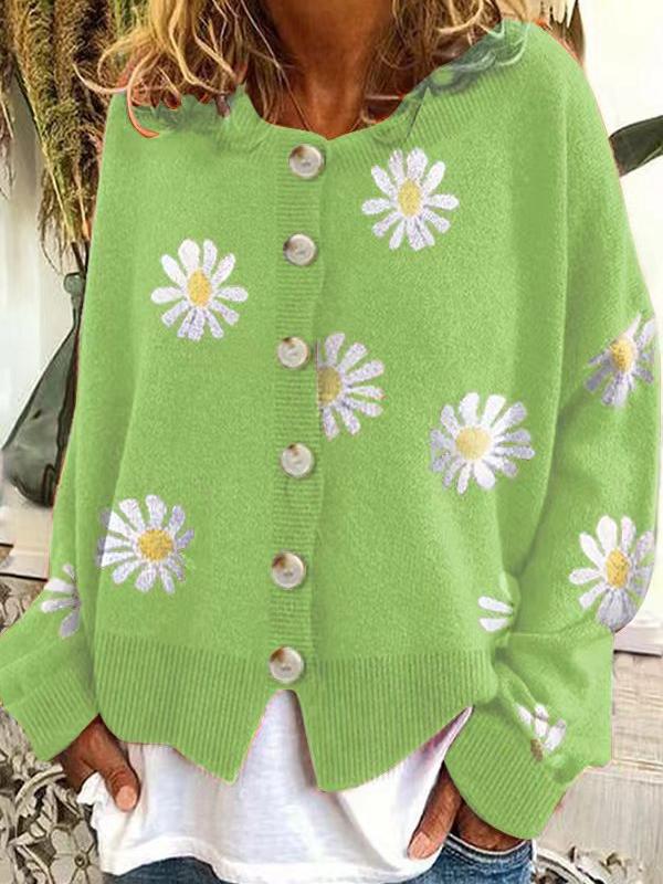 Women's Floral Print Long Sleeve V-Neck Sweaters Button Down Ribbed Cuffs Knitted Cropped Cardigan Loose Casual Tops