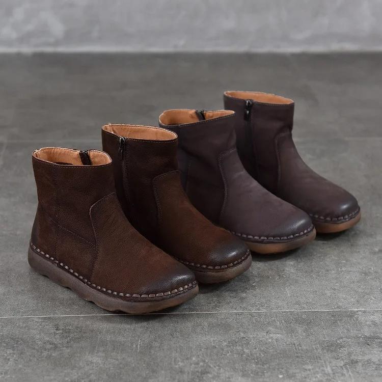 Johnature Versatile Women's Short Boots Round Toe Side Zipper Retro Genuine Leather Flat Boots