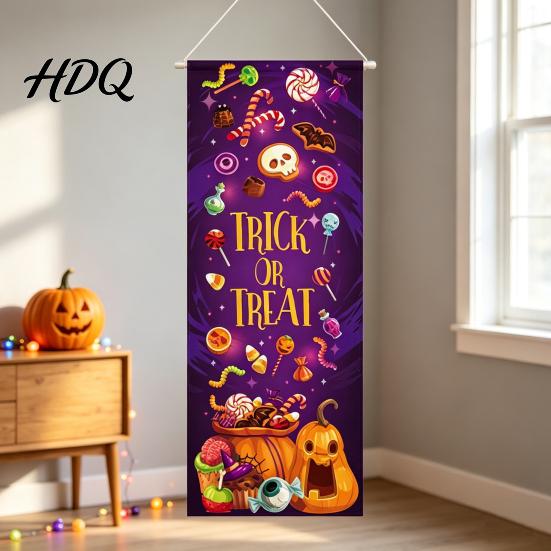 Entrance Door Decorations Halloween Flag Banner Backdrop, Spooky Pumpkin Witch Ghost Hanging Easy Home Decor Background Decoration for Indoor Outdoor
