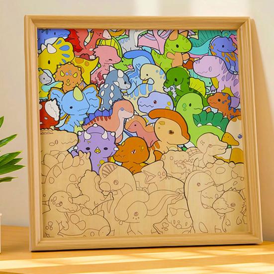 DIY Dinosaur Wooden Coloring Puzzle with Frame Pens 2-in-1 Coloring Irregular Jigsaw Puzzle Craft Kit 3D Puzzle Photo Frame Ornament Decoration