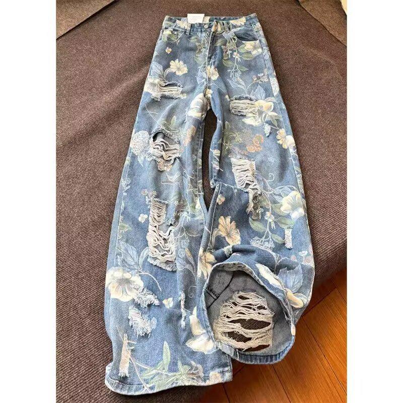 

2024 Men s European & American Floral Print Wide-Leg Slim-Fit Jeans 2XL