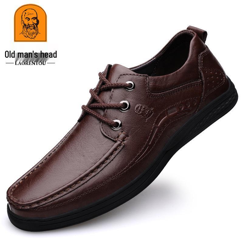 Old Man Head Men s Casual Cowhide Loafers: Breathable, Lace-Up, Flat Men s Shoes 39