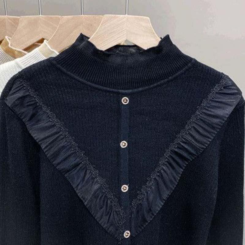 Women Ruffles Lace Patchwork Cashmere Sweater Autumn Winter Casual Knitted Jumpers Long Sleeve Slim Pullovers