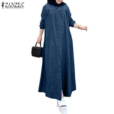 Women Casual Round Neck Long Sleeve Loose Blue Denim Dress