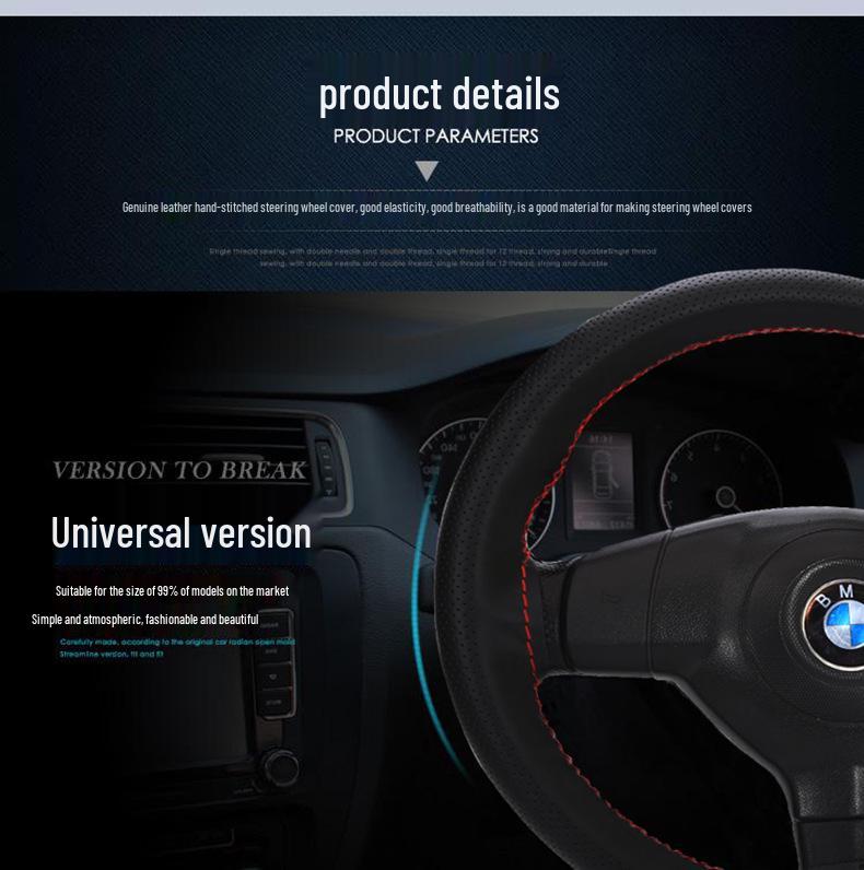 Universal Genuine Leather Steering Wheel Cover, Hand-Stitched, Breathable, All-Season, Fits All Vehicles