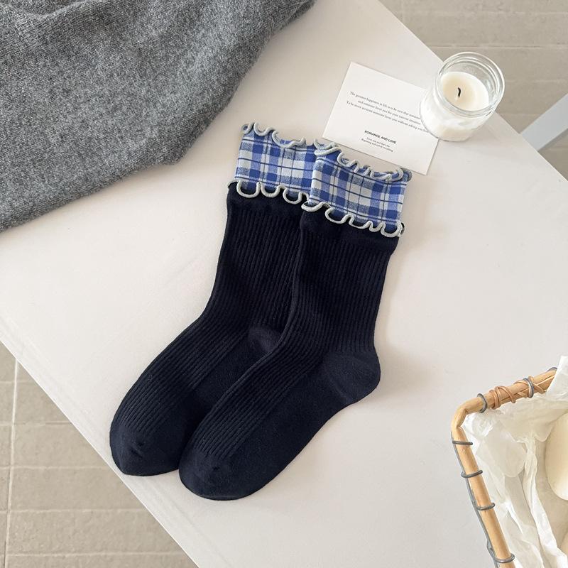

10Pair Double-Layer Fungus Edge Socks Women S British Style Sub-College Style Lace Medium Tube Socks Women S With Small Leather Shoes Women S Socks One size fits all темно-синий