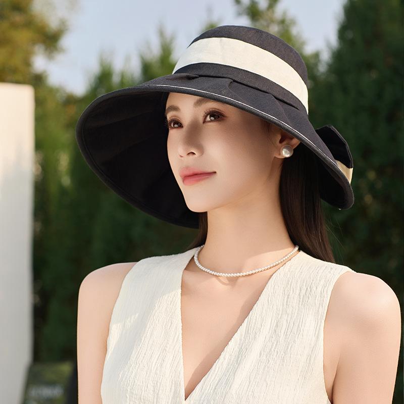 

Hat women s spring and autumn fashion two-color bow bucket hat summer outdoor travel face small sun hat One Size