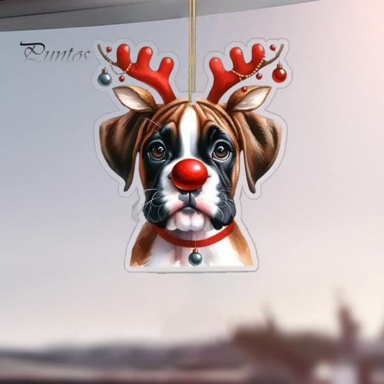 Ciondolo per auto a forma di cane con fiore in acrilico, 8 cm, facile da appendere, con corda, doppia faccia, visuali digitali 2D, decorazione da appendere per una visione realistica dell'albero di Natale dell'auto.