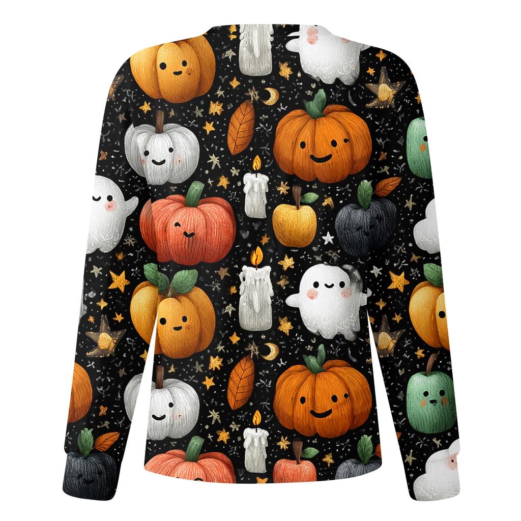 Women's Casual Fashion Long Sleeve Standing Collar Single Breasted Halloween Printed Workwear Jacket Tops
