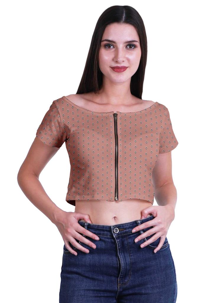 Moomaya Printed Boat Neck Womens Sexy Summer Tops Zip Front Viscose Crop Top