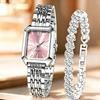 Fashion Watch and Rhinestone Bracelet Set Rectangle Ladies Wristwatches Girls Clock  Festival Gift