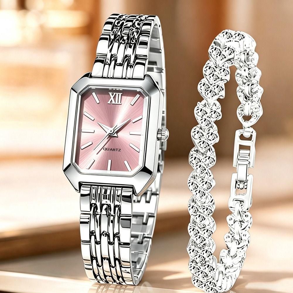 Fashion Watch and Rhinestone Bracelet Set Rectangle Ladies Wristwatches Girls Clock Festival Gift